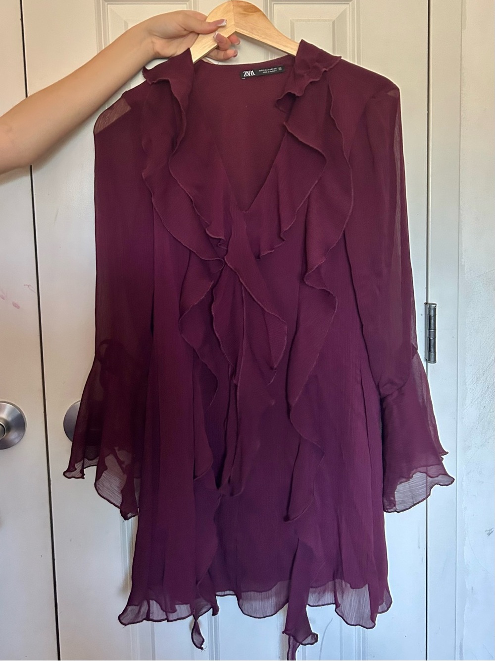 Zara Burgundy Ruffle V-Neck Long Sleeve Dress